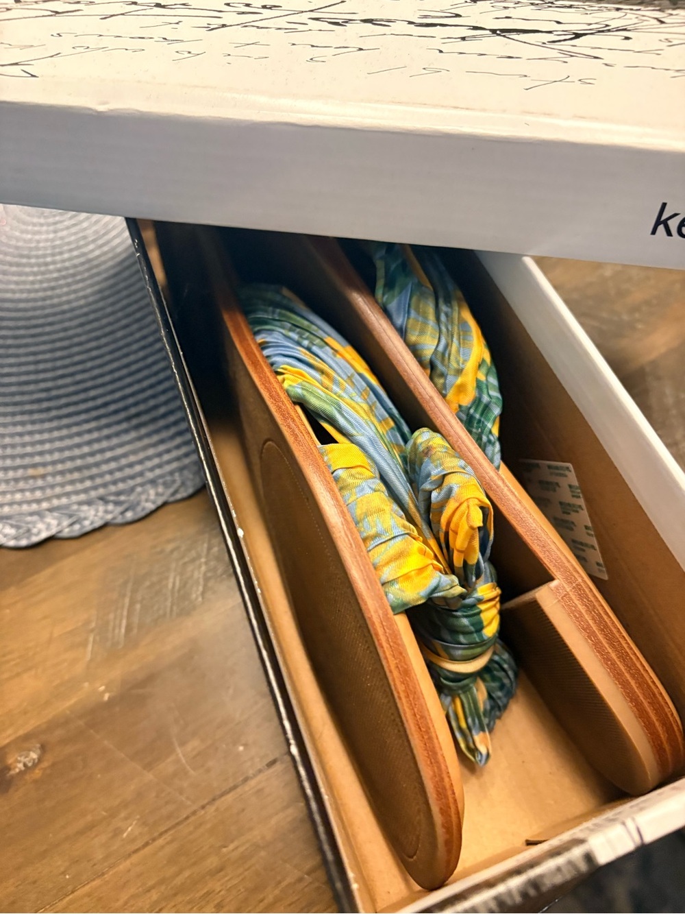 Leather Flip Flop Organizer with Blue and Yellow Scarf Straps